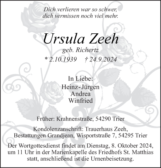 Todesanzeige von Ursula Zeeh von trierischer_volksfreund