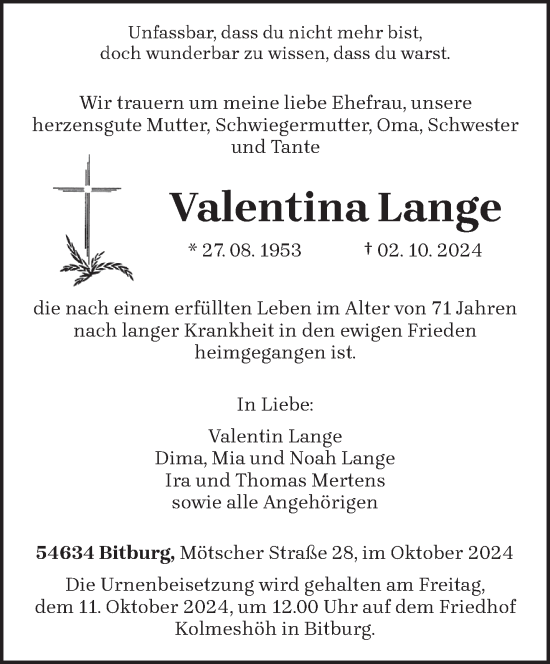 Todesanzeige von Valentina Lange von trierischer_volksfreund