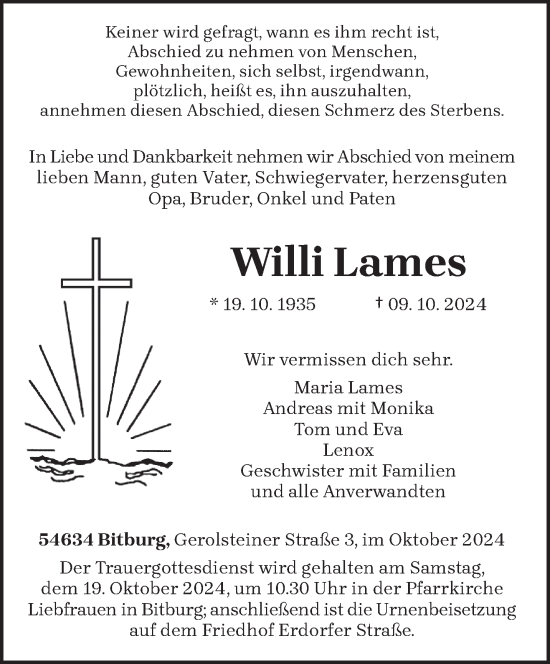 Todesanzeige von Willi Lames von trierischer_volksfreund