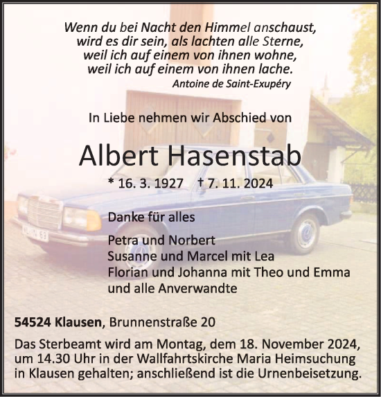 Todesanzeige von Albert Hasenstab von trierischer_volksfreund