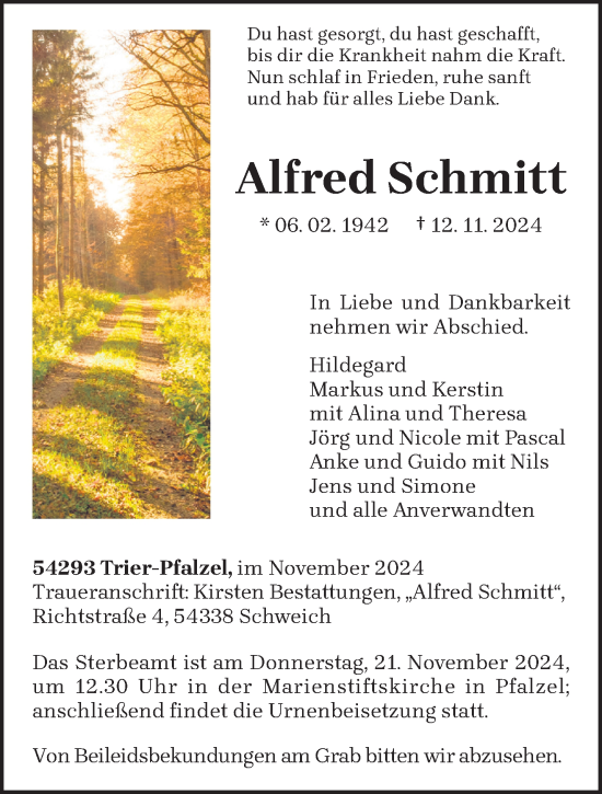 Todesanzeige von Alfred Schmitt von trierischer_volksfreund