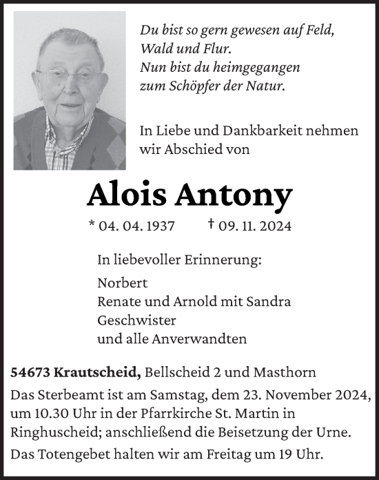 Todesanzeige von Alois Antony von trierischer_volksfreund