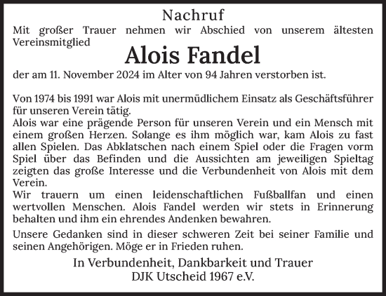 Todesanzeige von Alois Fandel von trierischer_volksfreund