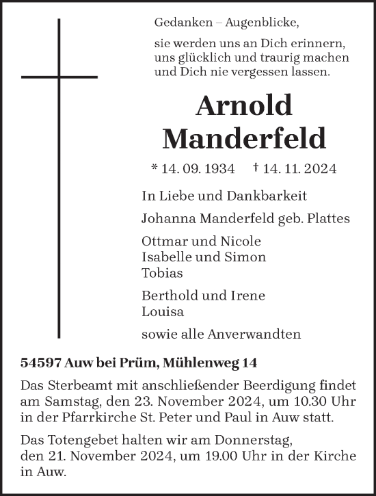 Todesanzeige von Arnold Manderfeld von trierischer_volksfreund