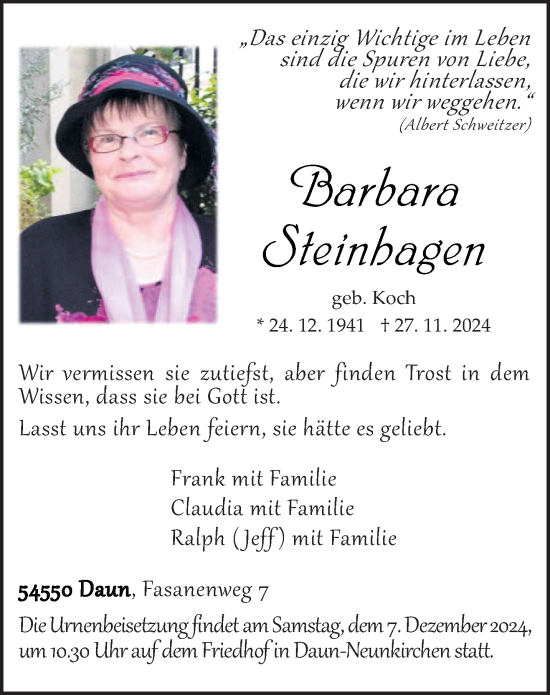 Todesanzeige von Barbara Steinhagen von trierischer_volksfreund