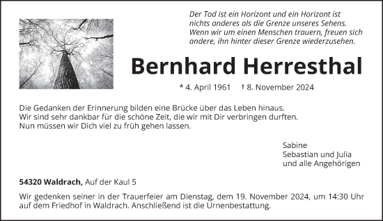 Todesanzeige von Bernhard Herresthal von trierischer_volksfreund