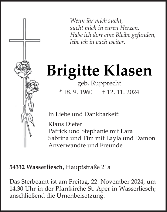 Todesanzeige von Brigitte Klasen von trierischer_volksfreund