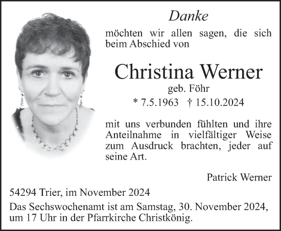 Todesanzeige von Christina Werner von trierischer_volksfreund