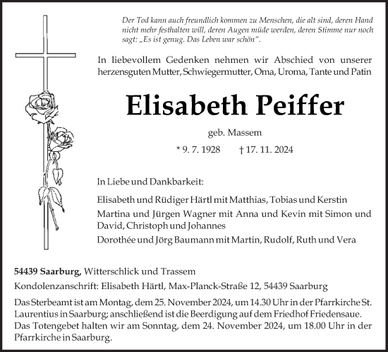 Todesanzeige von Elisabeth Peiffer von trierischer_volksfreund