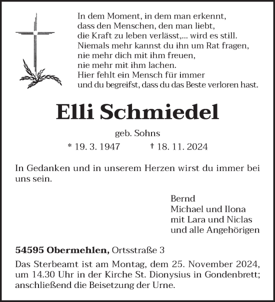 Todesanzeige von Elli Schmiedel von trierischer_volksfreund