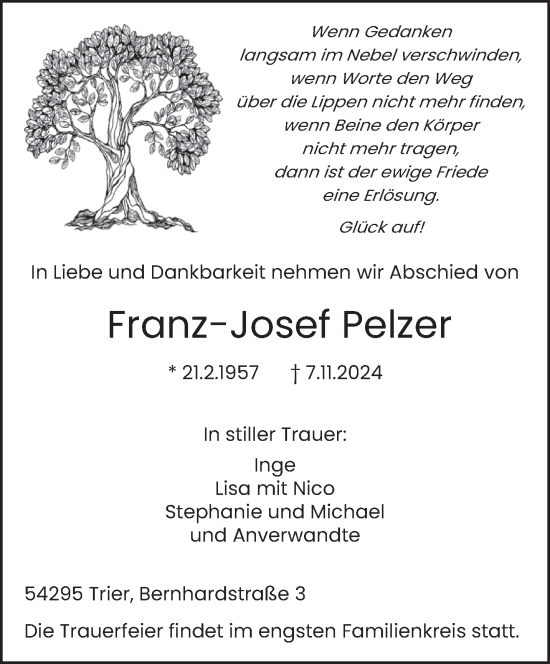 Todesanzeige von Franz-Josef Pelzer von trierischer_volksfreund