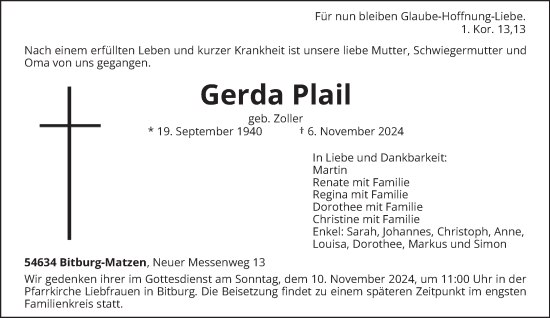 Todesanzeige von Gerda Plail von trierischer_volksfreund