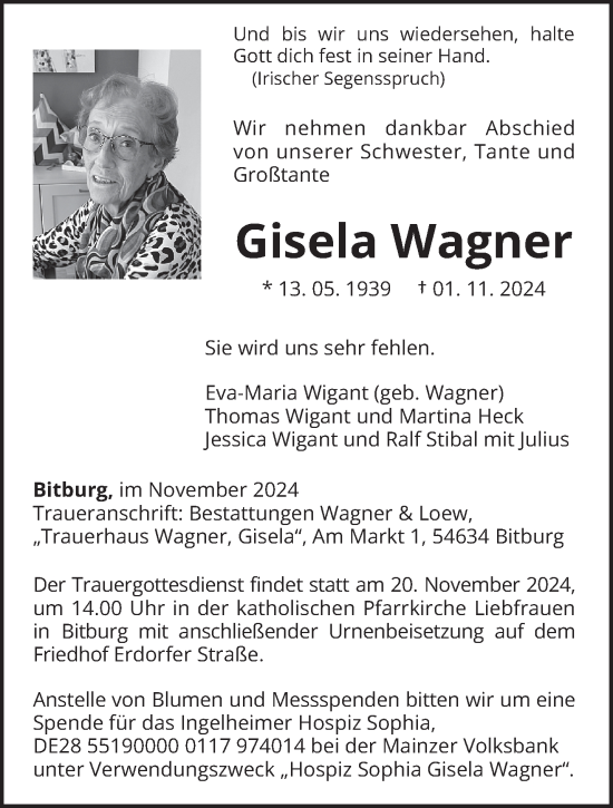 Todesanzeige von Gisela Wagner von trierischer_volksfreund