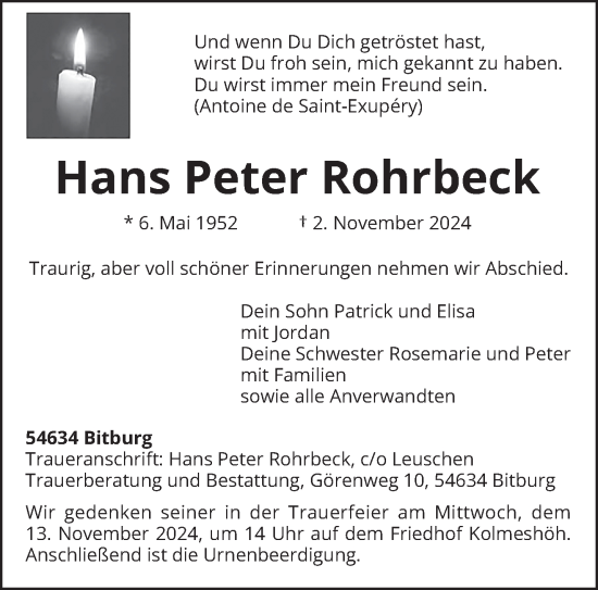 Todesanzeige von Hans Peter Rohrbeck von trierischer_volksfreund