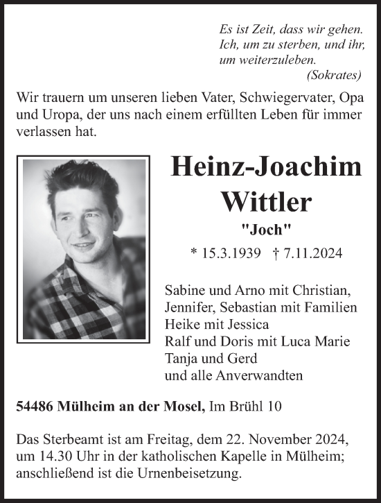 Todesanzeige von Heinz-Joachim Wittler von trierischer_volksfreund