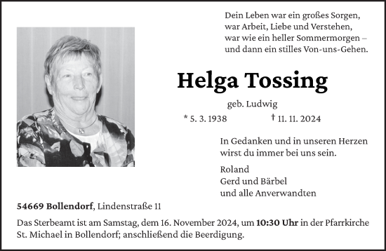 Todesanzeige von Helga Tossing von trierischer_volksfreund