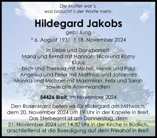 Todesanzeige von Hildegard Jakobs von trierischer_volksfreund