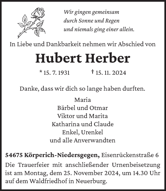 Todesanzeige von Hubert Herber von trierischer_volksfreund