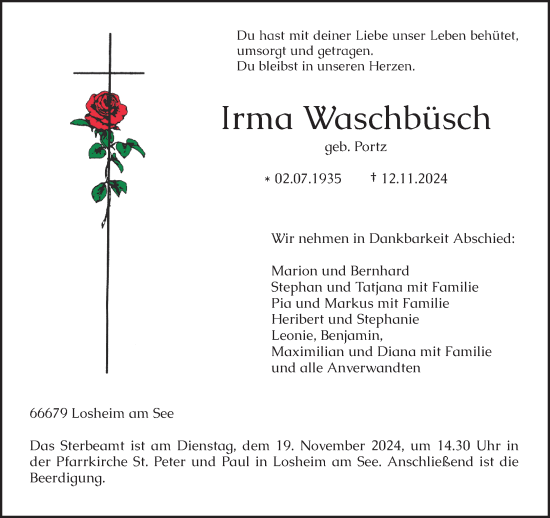 Todesanzeige von Irma Waschbüsch von trierischer_volksfreund