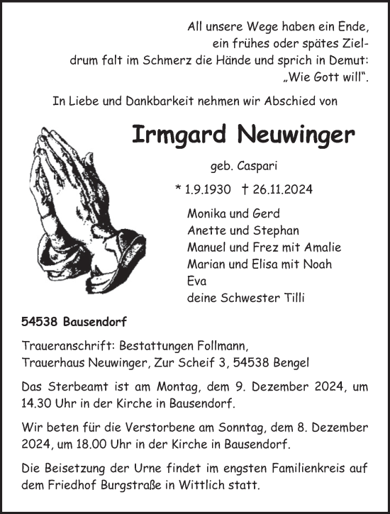 Todesanzeige von Irmgard Neuwinger von trierischer_volksfreund