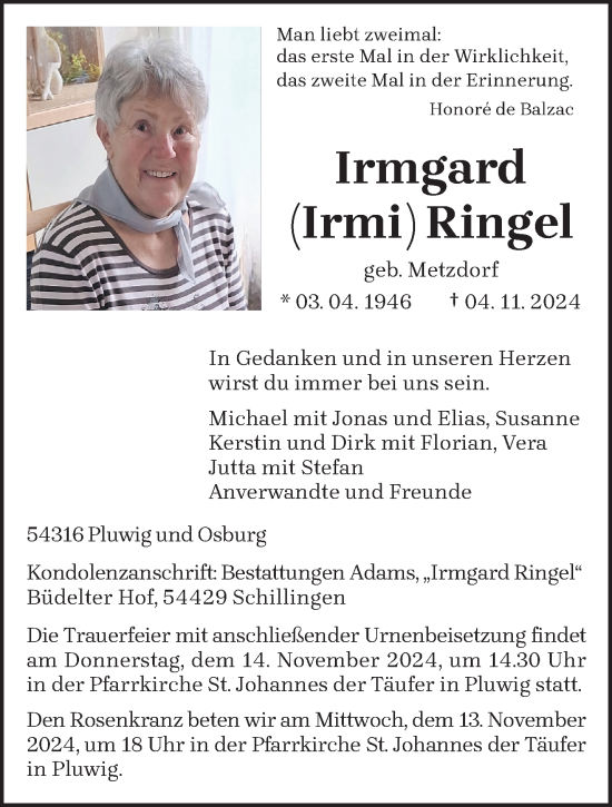 Todesanzeige von Irmgard Ringel von trierischer_volksfreund