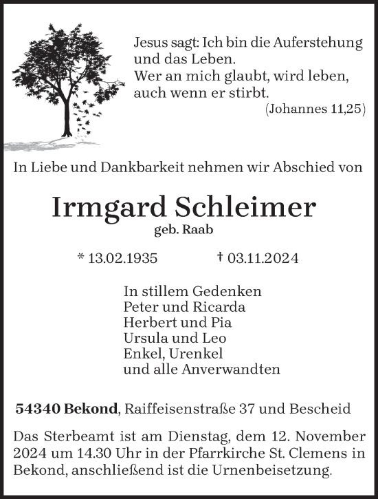 Todesanzeige von Irmgard Schleimer von trierischer_volksfreund