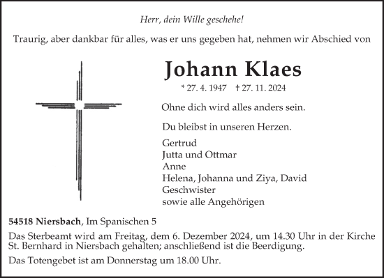 Todesanzeige von Johann Klaes von trierischer_volksfreund