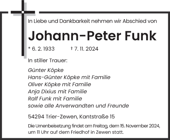 Todesanzeige von Johann-Peter Funk von trierischer_volksfreund