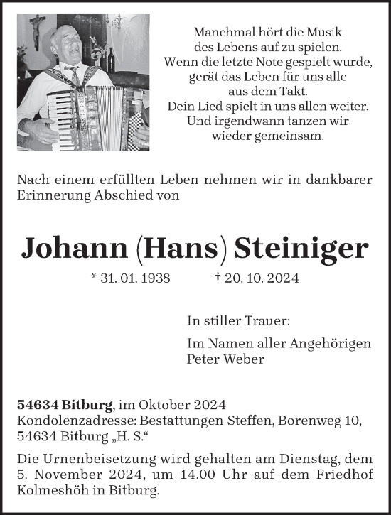 Todesanzeige von Johann Steiniger von trierischer_volksfreund