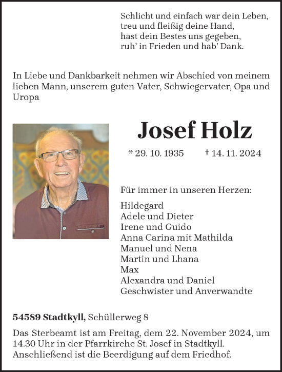 Todesanzeige von Josef Holz von trierischer_volksfreund