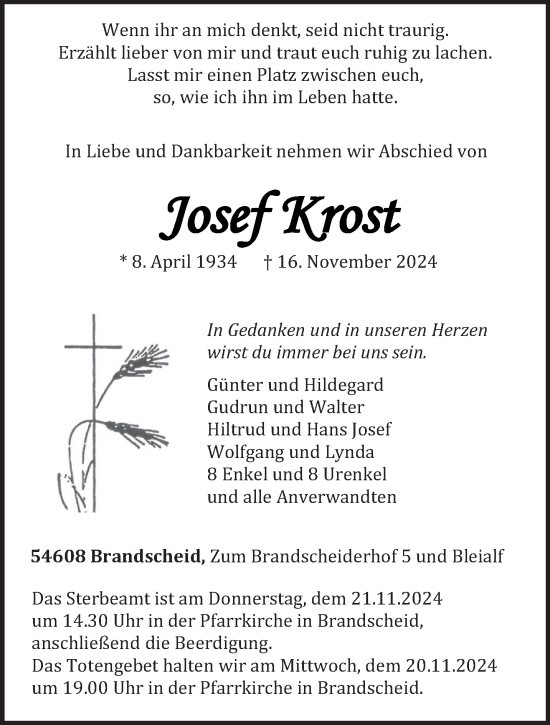 Todesanzeige von Josef Krost von trierischer_volksfreund