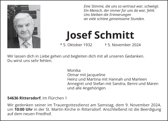 Todesanzeige von Josef Schmitt von trierischer_volksfreund