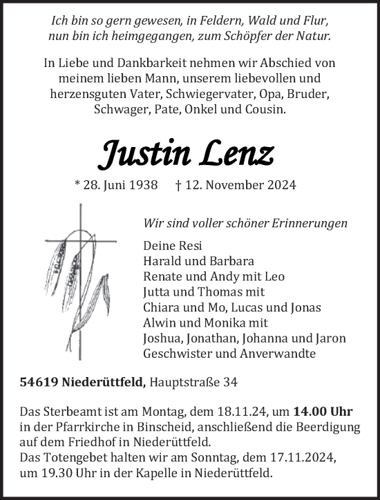 Todesanzeige von Justin Lenz von trierischer_volksfreund