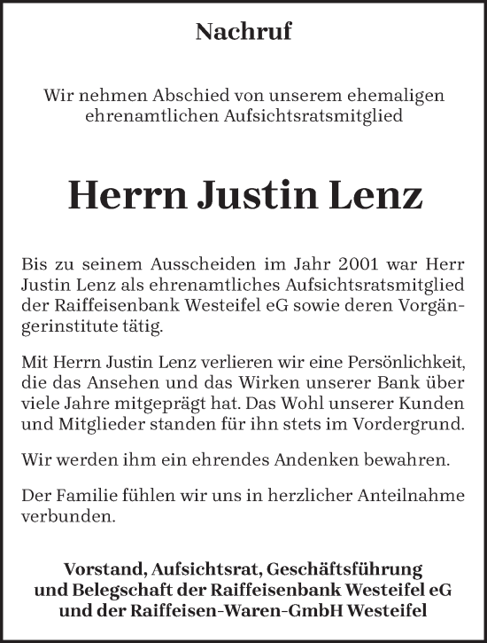 Todesanzeige von Justin Lenz von trierischer_volksfreund