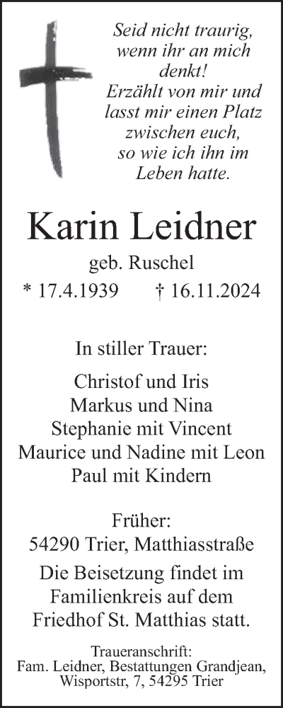 Todesanzeige von Karin Leidner von trierischer_volksfreund