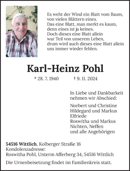 Todesanzeige von Karl-Heinz Pohl von trierischer_volksfreund