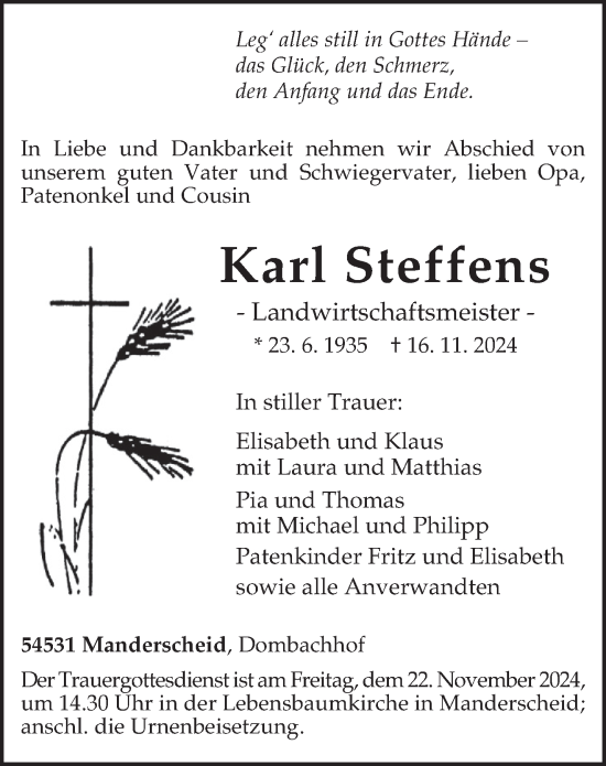 Todesanzeige von Karl Steffens von trierischer_volksfreund