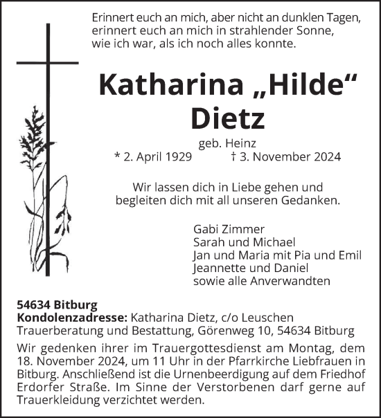 Todesanzeige von Katharina Dietz von trierischer_volksfreund