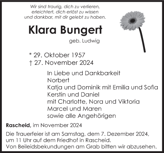 Todesanzeige von Klara Bungert von trierischer_volksfreund