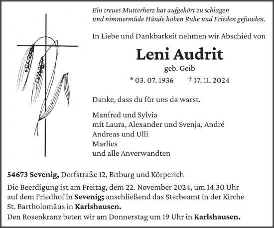 Todesanzeige von Leni Audrit von trierischer_volksfreund