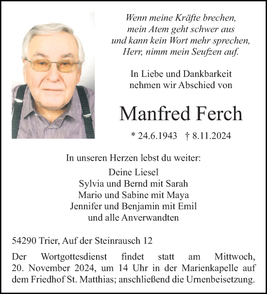 Todesanzeige von Manfred Ferch von trierischer_volksfreund