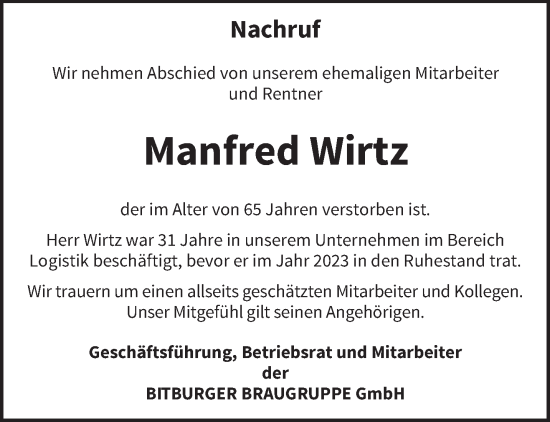 Todesanzeige von Manfred Wirtz von trierischer_volksfreund