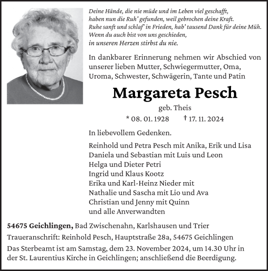 Todesanzeige von Margareta Pesch von trierischer_volksfreund