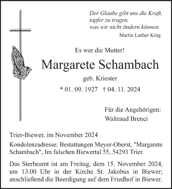 Todesanzeige von Margarete Schambach von trierischer_volksfreund