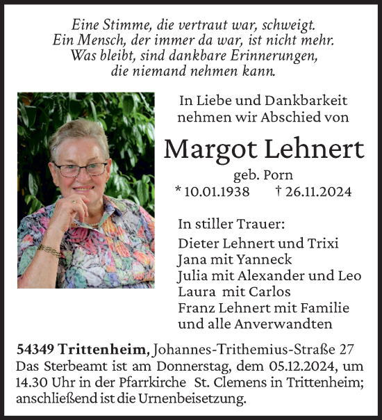 Todesanzeige von Margot Lehnert von trierischer_volksfreund