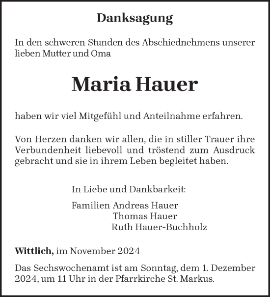 Todesanzeige von Maria Hauer von trierischer_volksfreund