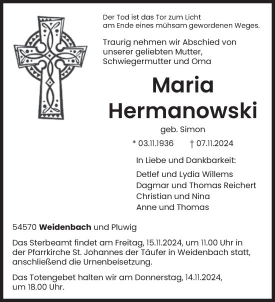 Todesanzeige von Maria Hermanowski von trierischer_volksfreund