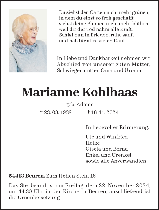 Todesanzeige von Marianne Kohlhaas von trierischer_volksfreund