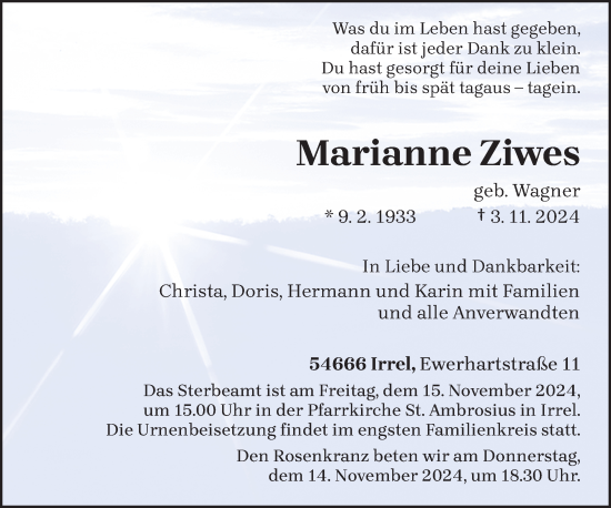 Todesanzeige von Marianne Ziwes von trierischer_volksfreund