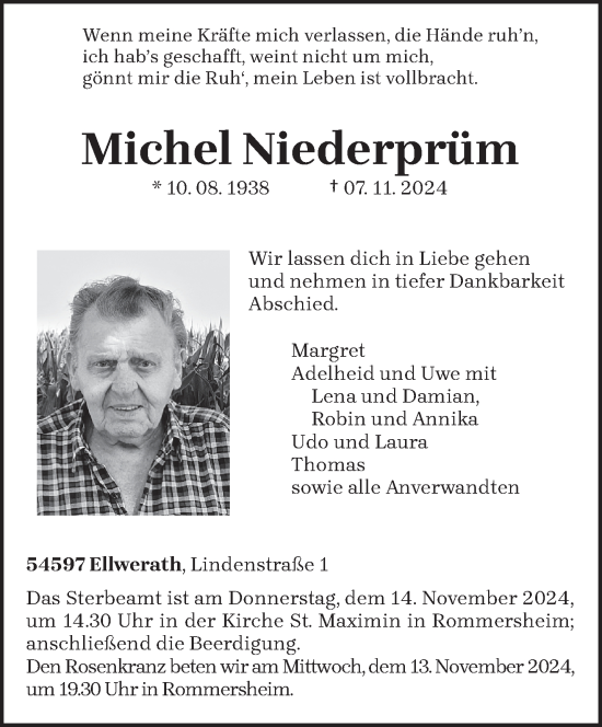 Todesanzeige von Michel Niederprüm von trierischer_volksfreund